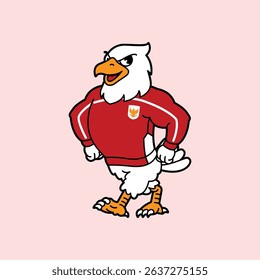 White Eagle or Garuda wearing red football jersey vintage retro mascot character pose and celebration. Fit for team branding, merchandise, event graphics, or promotional material.