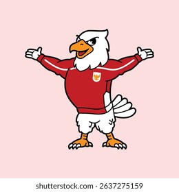 White Eagle or Garuda wearing red football jersey vintage retro mascot character pose and celebration. Fit for team branding, merchandise, event graphics, or promotional material.