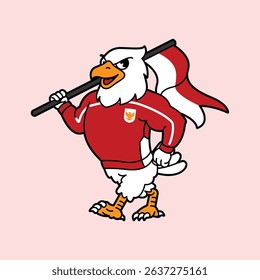 White Eagle or Garuda wearing red football jersey vintage retro mascot character pose and celebration. Fit for team branding, merchandise, event graphics, or promotional material.