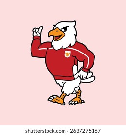 White Eagle or Garuda wearing red football jersey vintage retro mascot character pose and celebration. Fit for team branding, merchandise, event graphics, or promotional material.