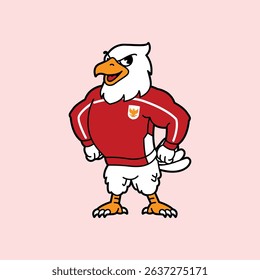 White Eagle or Garuda wearing red football jersey vintage retro mascot character pose and celebration. Fit for team branding, merchandise, event graphics, or promotional material.