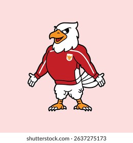 White Eagle or Garuda wearing red football jersey vintage retro mascot character pose and celebration. Fit for team branding, merchandise, event graphics, or promotional material.