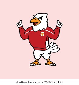 White Eagle or Garuda wearing red football jersey vintage retro mascot character pose and celebration. Fit for team branding, merchandise, event graphics, or promotional material.