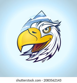 White eagle logo portrait against moutains, vector infographic pictogram, tee print