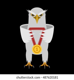 White eagle with a medal on a black background