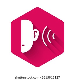 White Ear listen sound signal icon isolated with long shadow background. Ear hearing. Pink hexagon button. Vector