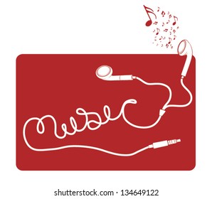 White earbud headphones spelling out the word music on a red background