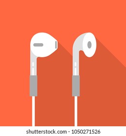 White earphones flat icon with long shadow isolated on orange background. Simple  earphones in flat style, vector illustration.