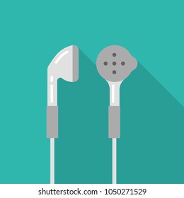 White earphones flat icon with long shadow isolated on blue background. Simple  earphones in flat style, vector illustration.