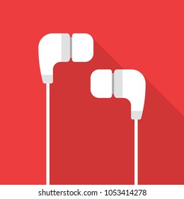 White earphones flat icon with long shadow isolated on red background. Simple  earphones in flat style, vector illustration.