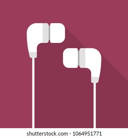 White earphones flat icon with long shadow isolated on purple background. Simple  earphones in flat style, vector illustration. 