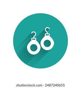 White Earrings icon isolated with long shadow background. Jewelry accessories. Green circle button. Vector