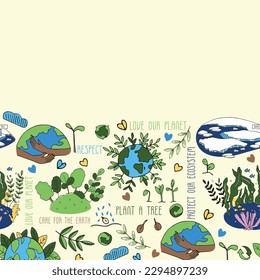 White Earth day Love your planet Landscapes with text seamless pattern background. Horizontal border. Love, care, and respect Mother Earth.