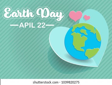 White Earth day text and Pink Hearth Paper art on Blue and green Globe with green background Vector illustration
