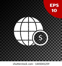 White Earth globe with dollar symbol icon isolated on transparent dark background. World or Earth sign. Global internet symbol. Geometric shapes.  Vector Illustration
