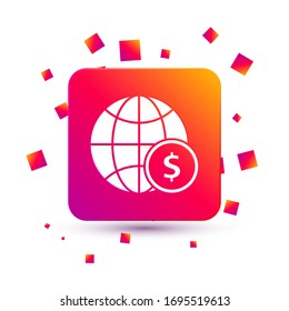 globo blanco con símbolo de dólar aislado en fondo blanco. Signo mundial o terrestre. Símbolo global de internet. Formas geométricas. Botón Color cuadrado. Ilustración vectorial