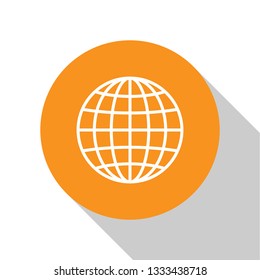 White Earth globe icon isolated on white background. Orange circle button. Flat design. Vector Illustration