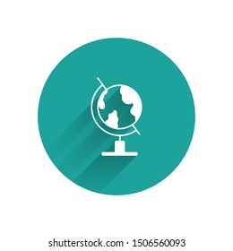 White Earth globe icon isolated with long shadow. Green circle button. Vector Illustration