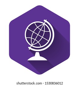 White Earth globe icon isolated with long shadow. Purple hexagon button. Vector Illustration