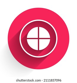 White Earth globe icon isolated with long shadow background. World or Earth sign. Global internet symbol. Geometric shapes. Red circle button. Vector