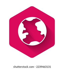 White Earth globe icon isolated with long shadow. World or Earth sign. Global internet symbol. Geometric shapes. Pink hexagon button. Vector Illustration