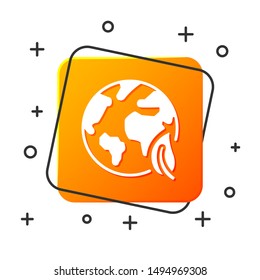 White Earth globe and leaf icon isolated on white background. World or Earth sign. Geometric shapes. Environmental concept. Orange square button. Vector Illustration