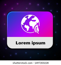 White Earth globe and leaf icon isolated on black background. World or Earth sign. Geometric shapes. Environmental concept. Rectangle color button. Vector Illustration