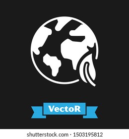 White Earth globe and leaf icon isolated on black background. World or Earth sign. Geometric shapes. Environmental concept.  Vector Illustration