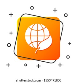 White Earth globe and leaf icon isolated on white background. World or Earth sign. Geometric shapes. Environmental concept. Orange square button. Vector Illustration