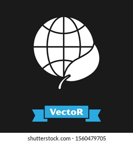 White Earth globe and leaf icon isolated on black background. World or Earth sign. Geometric shapes. Environmental concept.  Vector Illustration