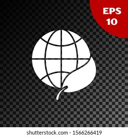 White Earth globe and leaf icon isolated on transparent dark background. World or Earth sign. Geometric shapes. Environmental concept.  Vector Illustration