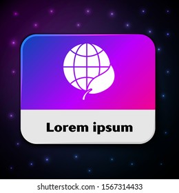 White Earth globe and leaf icon isolated on black background. World or Earth sign. Geometric shapes. Environmental concept. Rectangle color button. Vector Illustration