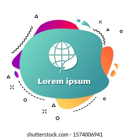 White Earth globe and leaf icon isolated on white background. World or Earth sign. Geometric shapes. Environmental concept. Abstract banner with liquid shapes. Vector Illustration