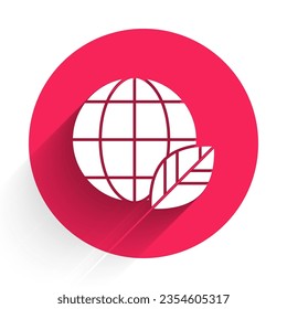 White Earth globe and leaf icon isolated with long shadow. World or Earth sign. Geometric shapes. Environmental concept. Red circle button. Vector Illustration