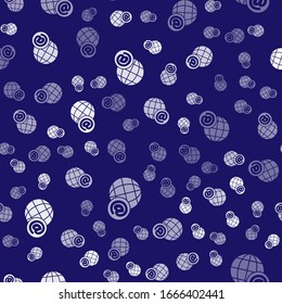 White Earth globe with mail and e-mail icon isolated seamless pattern on blue background. Envelope symbol e-mail. Email message sign.  Vector Illustration