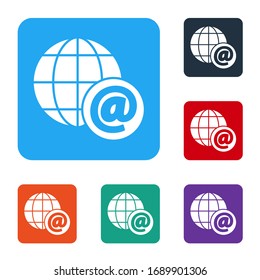White Earth globe with mail and e-mail icon isolated on white background. Envelope symbol e-mail. Email message sign. Set icons in color square buttons. Vector Illustration