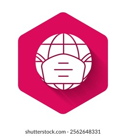 White Earth globe with medical mask icon isolated with long shadow. Pink hexagon button. Vector
