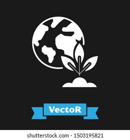 White Earth globe and plant icon isolated on black background. World or Earth sign. Geometric shapes. Environmental concept.  Vector Illustration