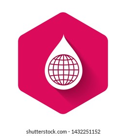 White Earth planet in water drop icon isolated with long shadow. World globe and water drop. Saving water and world environmental protection. Pink hexagon button. Vector Illustration