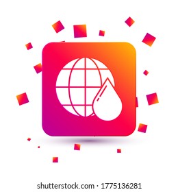 Planeta Tierra Blanca en un icono de gota de agua aislado en fondo blanco. Salvar el agua y la protección ambiental mundial. Botón de color cuadrado. Ilustración vectorial