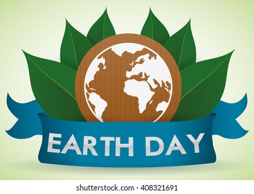 White Earth printed in cardboard with leaves behind a blue ribbon and Earth Day message.