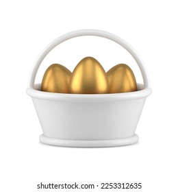 La canasta blanca de Pascua llena de huevos de gallina dorados las fiestas religiosas tradicionales presentan un icono 3d ilustración vectorial realista. Cubo de cerámica premium brillante con mango curvo diseño festivo