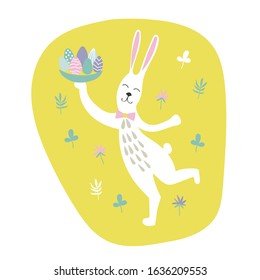 White easter bunnie with eggs. Cute cartoon character, happy rabbit, light colors. Egg hunting poster. Vector illustration.