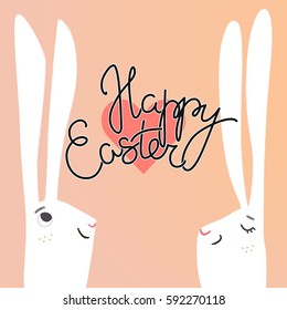 White Easter bunnies in love and Easter lettering. Holiday vector illustration