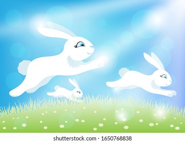 White easter bunnies on a green meadow and blue sky with sunbeams and shine.