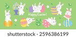 white Easter bunnies playing with colorful decorated eggs on green background. Festive spring illustration