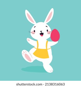 White Easter Bunny in Apron Carrying Egg on Blue Background Vector Illustration