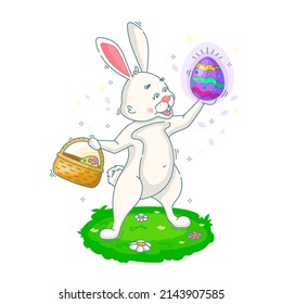 A white Easter bunny with a basket holds an egg in its paw. Vector linear illustration. Character for the traditional Easter holiday.