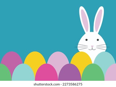 white easter bunny with behind colorful eggs, pastel colors, blue background, minimalist, flat design, vector illustration