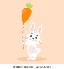 С conejito blanco de Pascua con globo de zanahoria. Ilustración vectorial de dibujos animados.